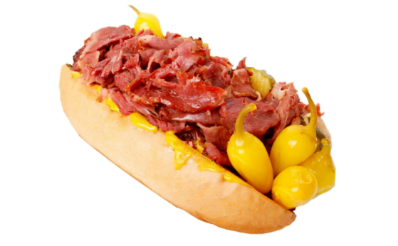 Hot Pastrami Sandwich piled high with melted cheese - Kings Drive In California